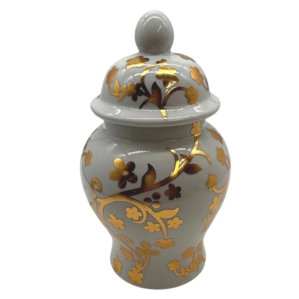 White Ceramic Ginger Jar Gold Floral Vine‎ Chinoiserie Temple hollywood regency